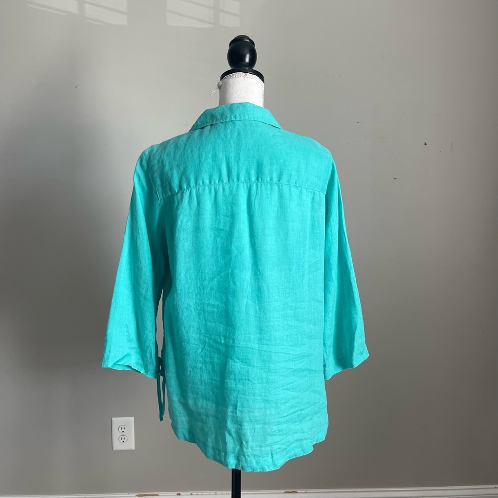 ISAAC MIZRAHI | Aqua 100% Linen Button Down Blouse Sz M - Picture 6 of 8